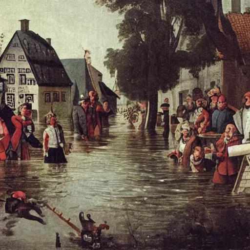 Image similar to Johann Wolfgang von Goethe visiting a flooded german town