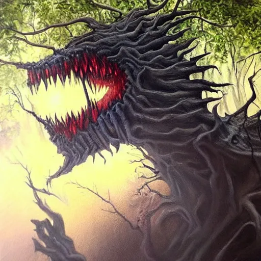 Prompt: hyperrealistic oil painting, super detailed, scary monster made by tar, in the forest, award winning,