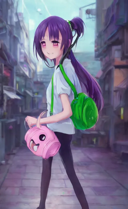 Image similar to anime girl with pink ponytail, wearing purple headphones, wearing a green sweater, with a smile on her face and her eyes closed, walking down a street, dynamic lighting, photorealistic fantasy concept art, trending on art station, very detailed, anime concept art, stunning visuals, creative, cinematic, ultra detailed