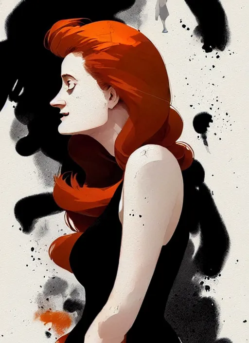 Image similar to highly detailed closeup portrait of beautiful grace gummer as dom dipierro, wavy ginger hair, black dress, by atey ghailan, by greg rutkowski, by greg tocchini, by james gilleard, by joe fenton, by kaethe butcher, gradient orange, black and white color scheme, grunge aesthetic!!! ( ( graffiti tag wall background ) )