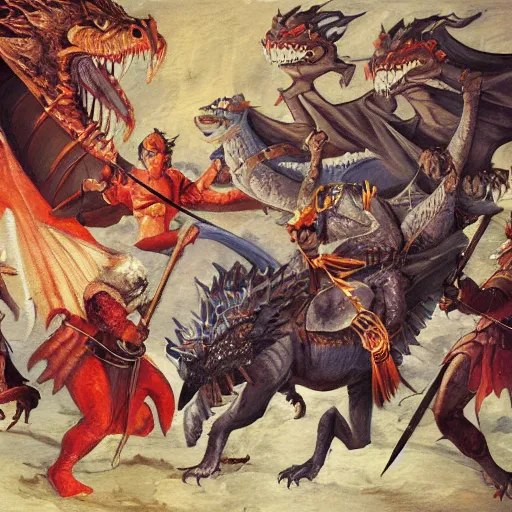 Prompt: dnd party of characters in a battle with a dragon, medieval painting, 4k, art,