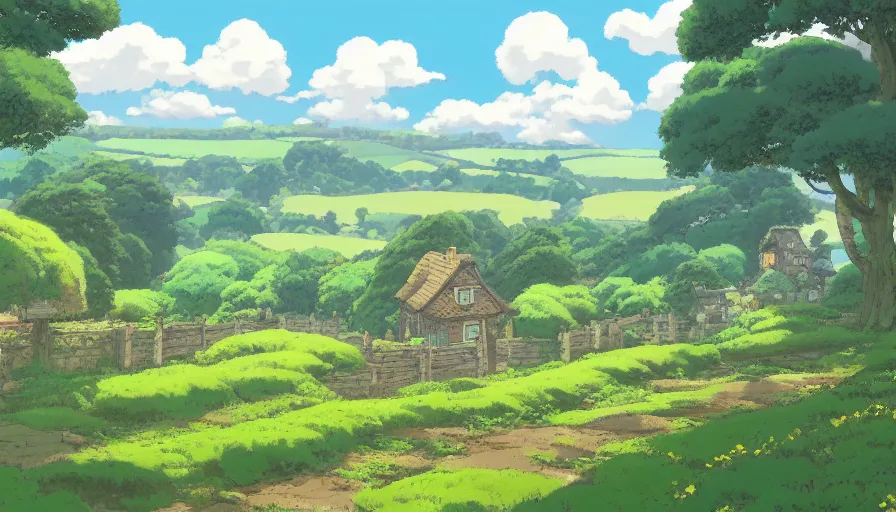 Image similar to A beautiful Yorkshire countryside in the style of Studio Ghibli, illustrated by Kazuo Oga, Hayao Miyazaki, trending on artstation, HD, 4K