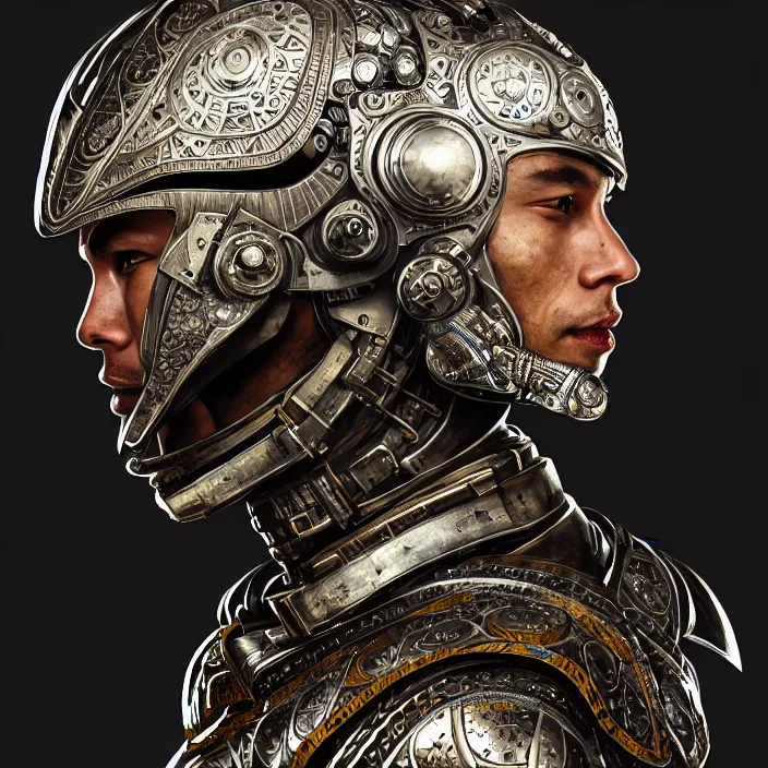 Image similar to portrait of a man wearing cyborg armor, Javanese batik pattern, subject in the center of the frame, wide angle shot, diffuse lighting, fantasy, intricate, elegant, highly detailed, lifelike, photorealistic, digital painting, artstation, illustration, concept art, smooth, sharp focus, art by John Collier and Albert Aublet and Krenz Cushart and Artem Demura and Alphonse Mucha