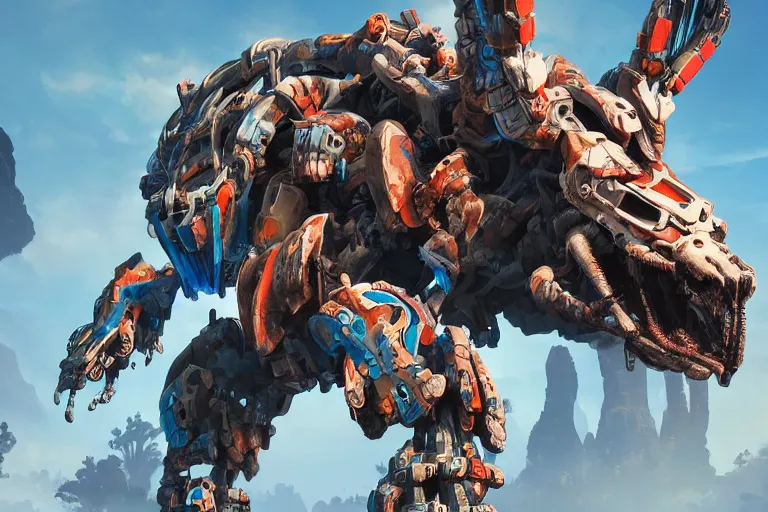 Image similar to thunderjaw machine mecha animal beast robot of horizon forbidden west horizon zero dawn bioluminiscence global illumination ray tracing hdr fanart arstation by sung choi and eric pfeiffer and gabriel garza and casper konefal