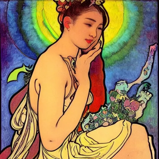 Prompt: The Goddess of Art, paint, ink, palettes, spectrum, in the style of Octavia Ocampo, Mucha, Kandinsky