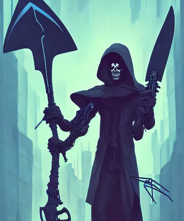 Image similar to a portrait of a cyberpunk grim reaper holding a scythe, fantasy, elegant, digital painting, artstation, concept art, matte, sharp focus, illustration, art by josan gonzalez