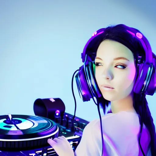 Prompt: “ cute anime woman djing a party, purple hair, headphones on the girl ’ s head, turntables, rave, digital art, unreal engine ”