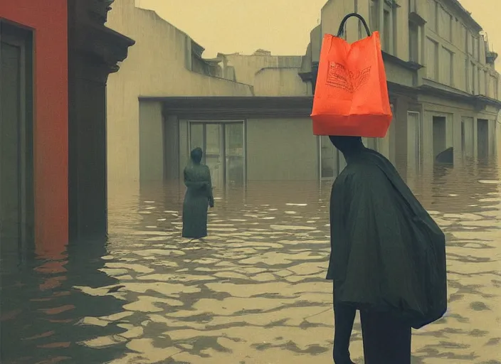 Prompt: woman in vr headset dressed in plastic bags in paper bag over the head on flooded street Edward Hopper and James Gilleard, Zdzislaw Beksinski, highly detailed