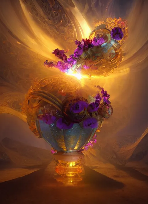 Image similar to flowers within the whole infinite capsule apparent with awe the apparition, an idea seep's into infinity highly detailed in volumetric latent space, golden turquoise steampunk, high contrast cinematic light, mystical shadows, sharp focus, divine realm of gods, octane render, artist by boris vallejo,