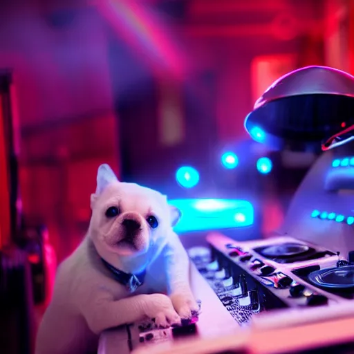 Image similar to puppy as a DJ, 8k, volumetric lighting, hyper realistic