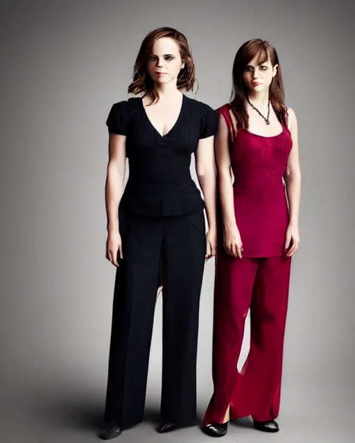 Image similar to Fully-clothed full-body portrait of Christina Ricci and Emma Watson, XF IQ4, 50mm, F1.4, studio lighting, professional, 8K