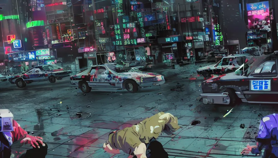 Image similar to 1994 Video Game Screenshot, Anime Neo-tokyo Cyborg bank robbers vs police, Set in Cyberpunk Bank Lobby, Multiplayer set-piece :9, Police officers under heavy fire, Police Calling for back up, Bullet Holes and Blood Splatter, :6 Smoke Grenades, Riot Shields, Large Caliber Sniper Fire, Chaos, Anime Cyberpunk, Anime Bullet VFX, Machine Gun Fire, Violent Gun Action, Shootout, Escape From Tarkov, Intruder, Payday 2, 8k :4 by Katsuhiro Otomo: 9