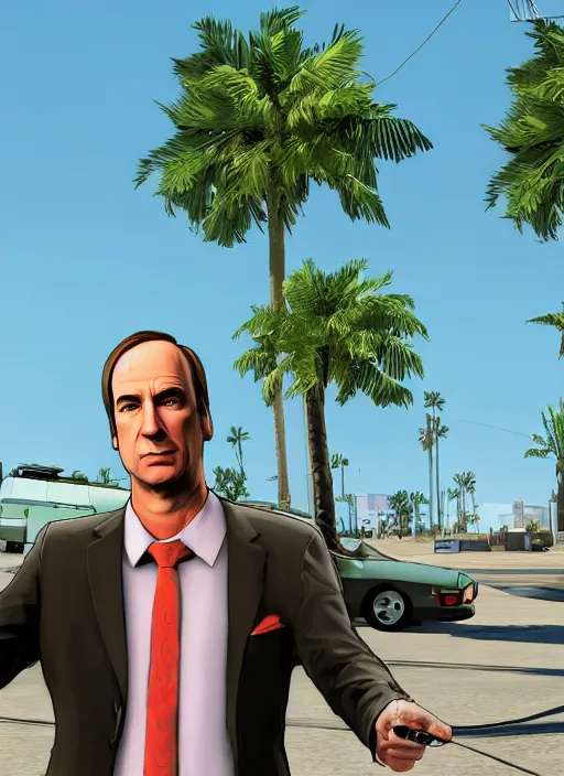 Image similar to saul goodman from better call saul in gta v los santos in background, palm trees. in the art style of stephen bliss.