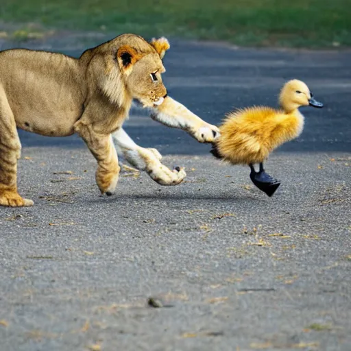 Prompt: a baby lion chasing a baby duck