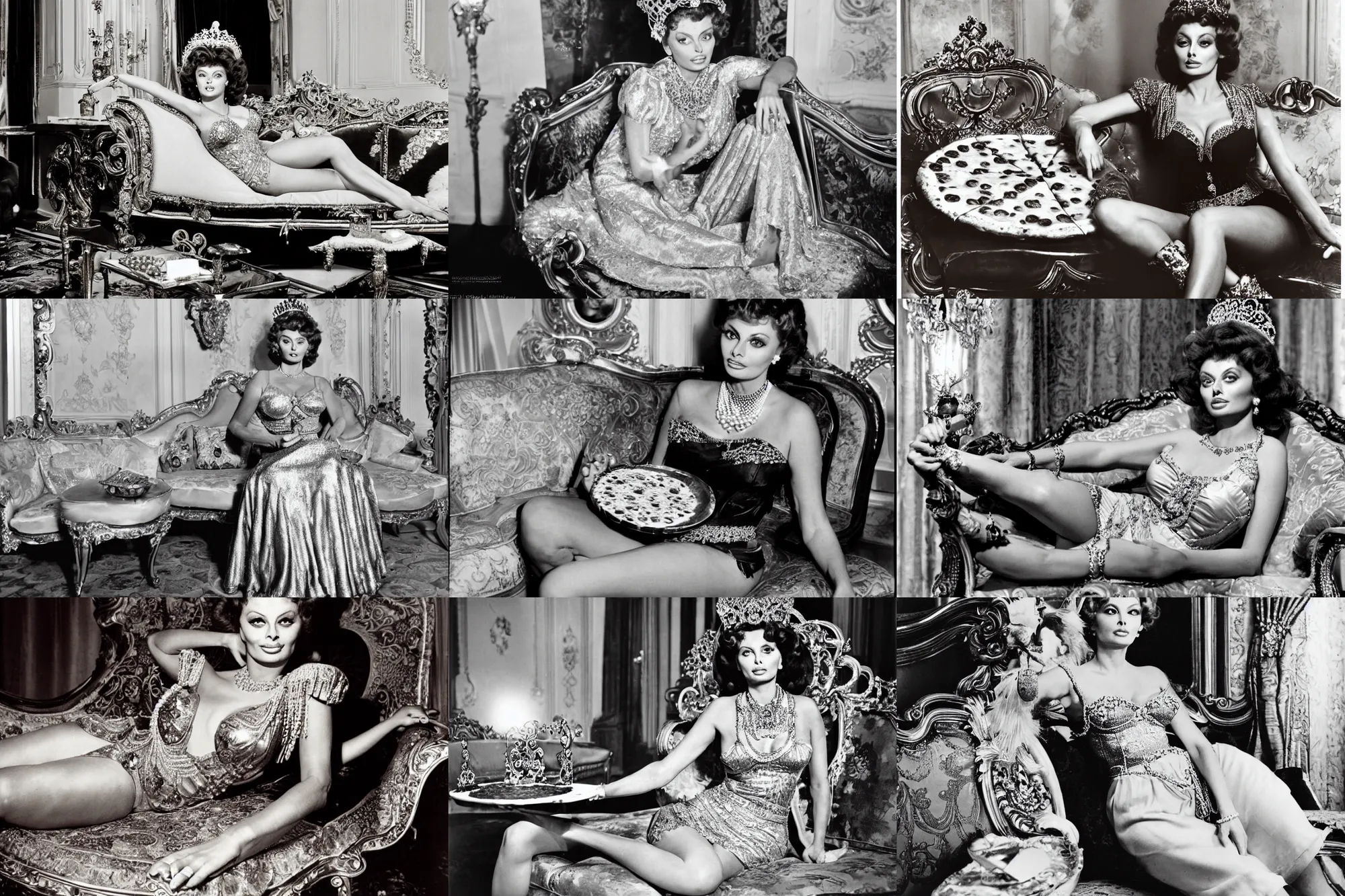 Prompt: young sophia loren having pizza served on a silver platter, relaxed pose on antique luxury sofa, intricate ornamented tiara, opulent pearl necklace, laced dress, golden lighting, perfectly lit face, symmetrical details, burlesque photo