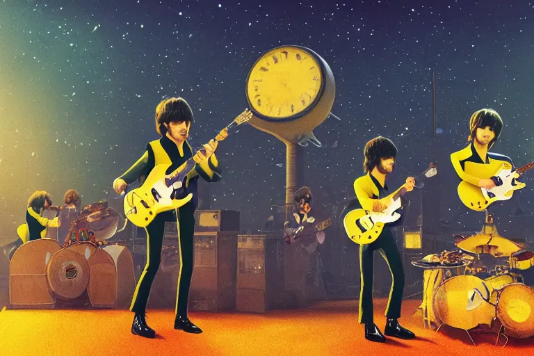 Image similar to the beatles performing with guitars, a giant yellow minion at background, sci fi, art by mike winkelmann, trending on cgsociety, retrofuturism, darksynth, sci - fi