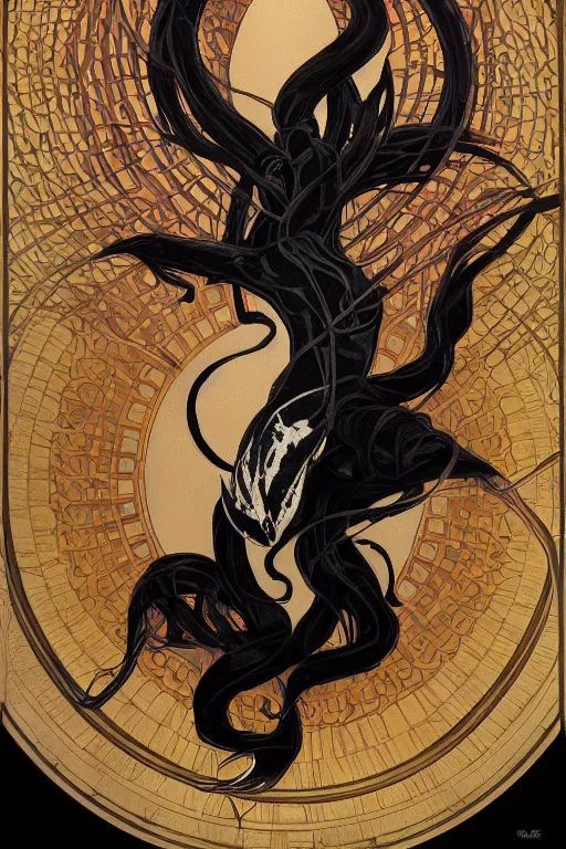 Prompt: a dramatic ethereal epic painting of Venom | tarot card, art deco, art nouveau, realistic | dramatic lighting | by Dresden Codak, by Mark Maggiori and Alphonse Mucha | trending on artstation