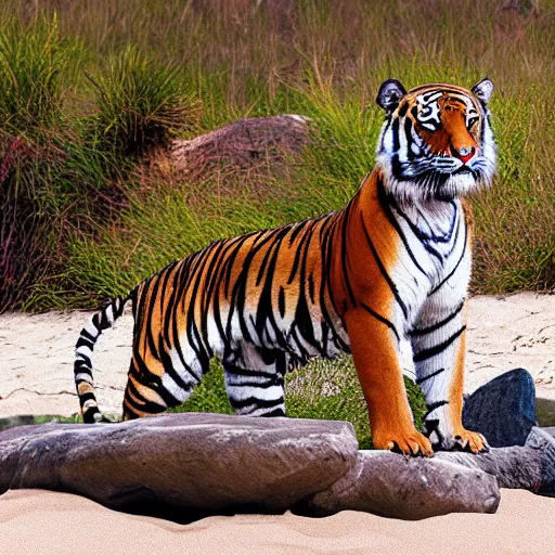 Prompt: Tiger yoga beach