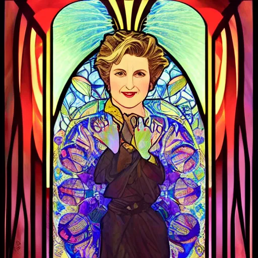 Prompt: a dramatic ethereal epic symmetrical painting of a handsome hilary clinton | tarot card, art deco, art nouveau, steampunk, realistic | by louis comfort tiffany and alphonse mucha | trending on artstation
