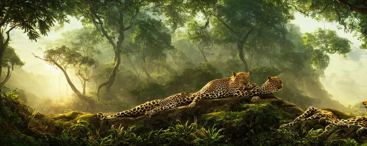 Image similar to leopard laying down in the jungle, beautiful dynamic lighting, cinematic, wide angle establishing shot, extremely high detail, photo realistic, cinematic lighting, post processed, concept art, artstation, matte painting, style by frederic church, raphael lacoste, unreal engine 8 k