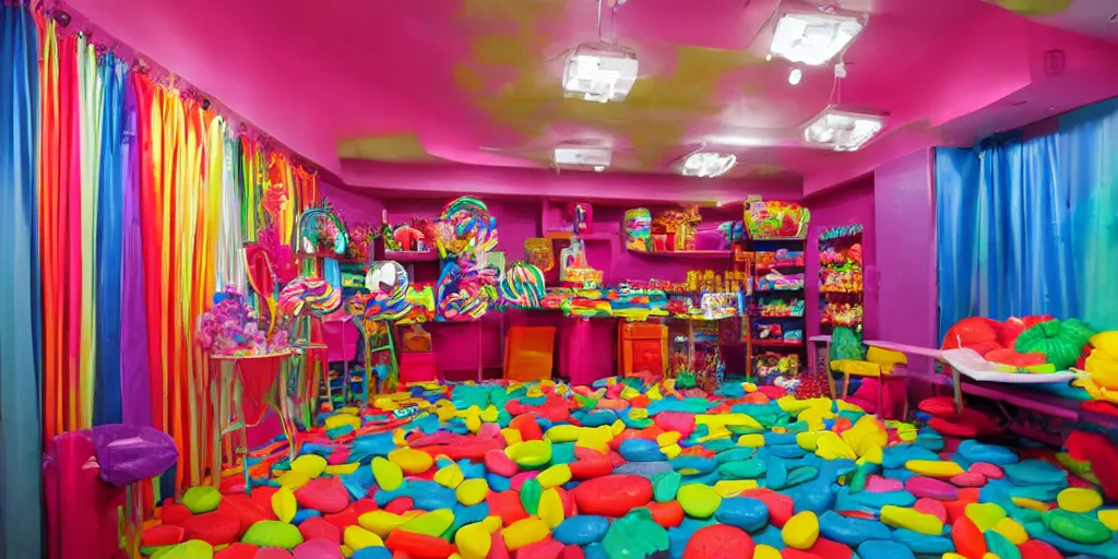 Image similar to a colorful theater dressing room made of candy