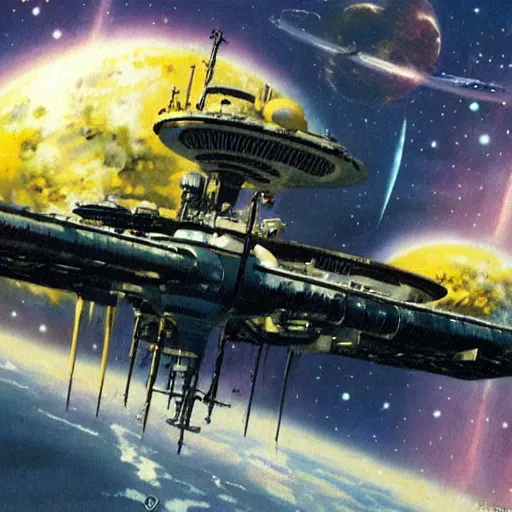 Prompt: distant view of abandoned beautiful space station floating in empty space, john berkey, terran trade authority