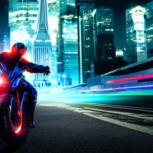 Prompt: a cyber man driving a futuristic neon motorcycle fast on a urban road in the nighttime, digital art, realistic, detailed, mysterious, dramatic, cinematic