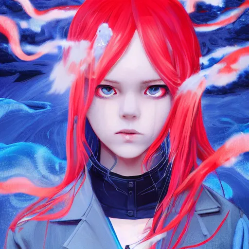 Image similar to red water swirling around rimuru tempest crying, enveloped in ghosts, sky blue straight hair, bangs, with amber eyes, black jacket, high collar, ultra fine detaile, dark theme, digital painting, psychedelic, cinematic, wlop, pixiv, ilya kuvshinov, ross tran