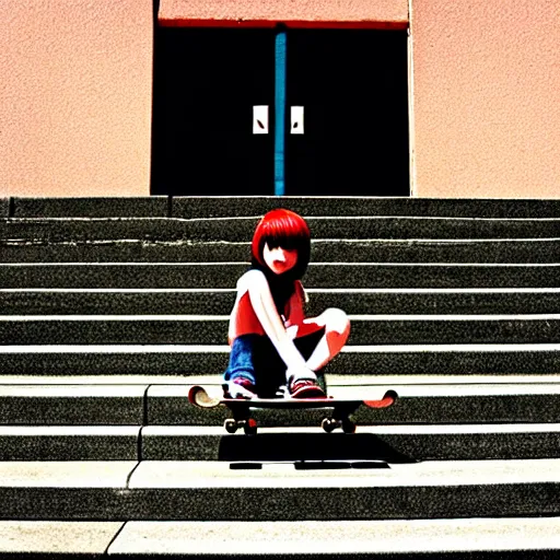 Image similar to skater girl sitting on steps by scott pilgrim, by bryan lee o'malley