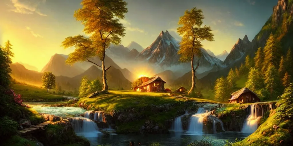 Prompt: a beautiful fantasy landscape, mountain in background, a waterfall in the mountains, little cottage, cute couple, small pond, some trees in the corner, sunrise, hyper realism, octane art, art by philipp urlich