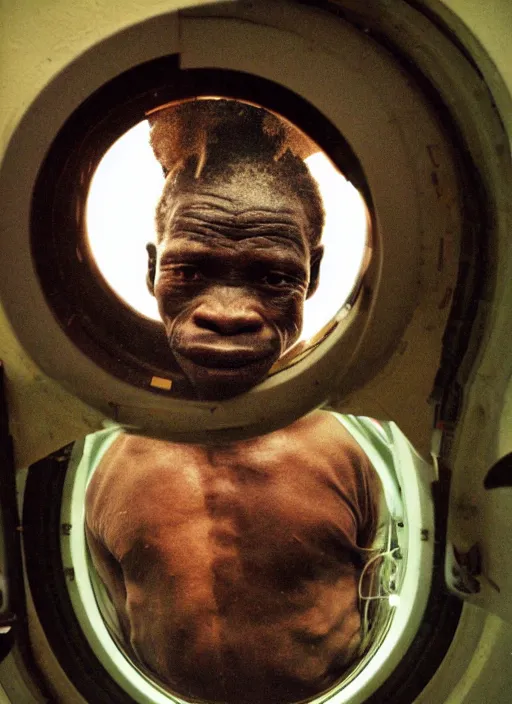 Prompt: analogue photo of an African tribal man looking at planet earth from a spaceship porthole window, photography shot by martha cooper,