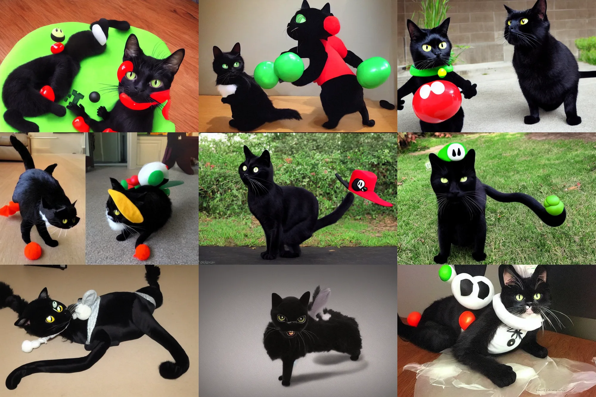 Prompt: realistic black cat in a costume of yoshi nintendo