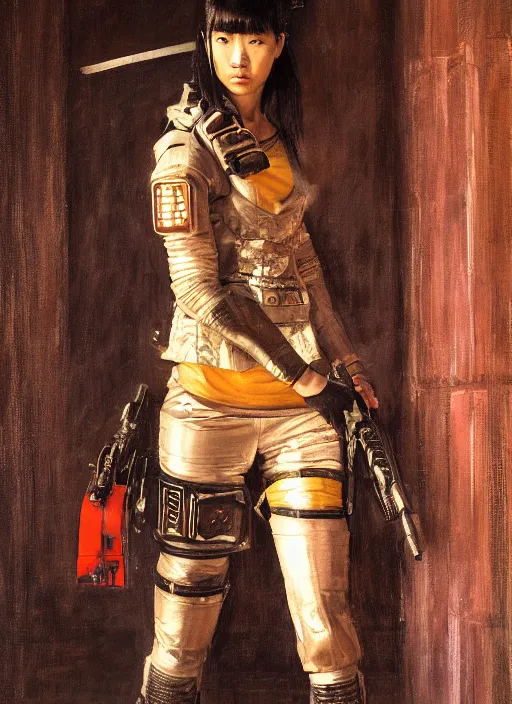 Image similar to Maria Tanaka. female Cyberpunk samurai wearing military vest walking through nightclub (blade runner 2049, cyberpunk 2077). Orientalist portrait by john william waterhouse and James Gurney and Theodore Ralli and Nasreddine Dinet, oil on canvas. Cinematic, hyper realism, realistic proportions, dramatic lighting, high detail 4k