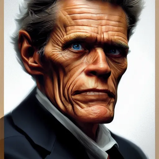 Image similar to william dafoe, portrait, in the style of alex ross, 2 d, 4 k, unreal, intricate, digital painting, highly detailed, artstation, sharp focus, illustration,