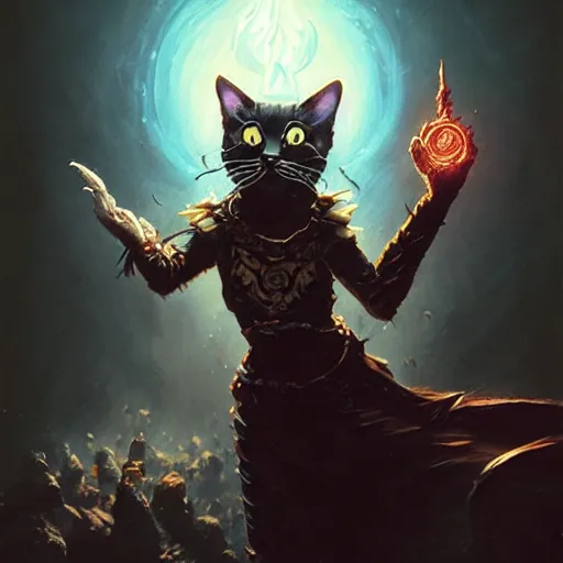 Prompt: Cat, Anthropomorphized, casting epic spell, horror, magic the gathering artwork, D&D, fantasy, centered, symmetrical, highly detailed, artstation, concept art, sharp focus, 8k, art by Akihiko Yoshida and Greg Rutkowski and Craig Mullins, oil painting