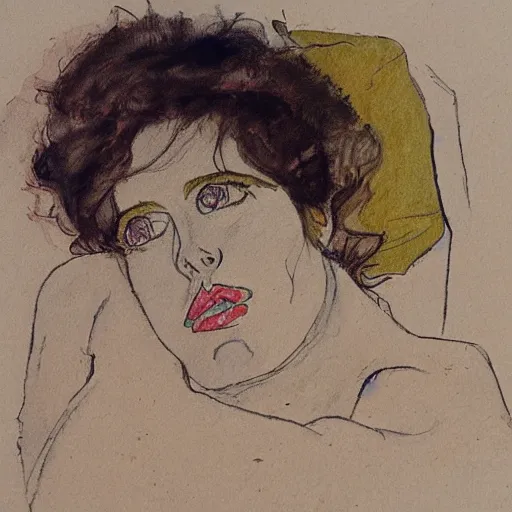 Image similar to pencil, ink and colour wash life drawing of reclining female, in the style of egon schiele