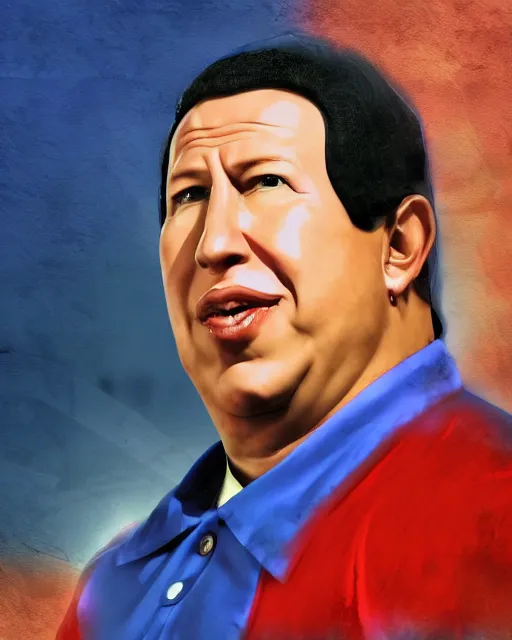 Image similar to Digital presidential anime art of Hugo Chavez by A-1 studios, serious expression, empty warehouse background, highly detailed, spotlight