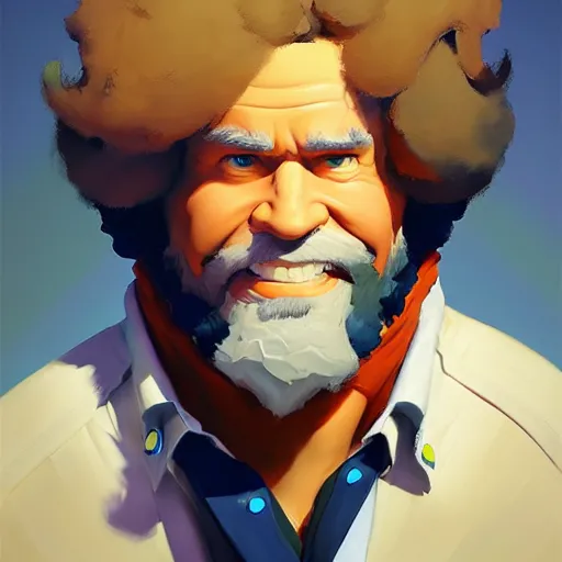 Image similar to Greg Manchess portrait painting of Bob Ross as Overwatch character, medium shot, asymmetrical, profile picture, Organic Painting, sunny day, Matte Painting, bold shapes, hard edges, street art, trending on artstation, by Huang Guangjian and Gil Elvgren and Sachin Teng