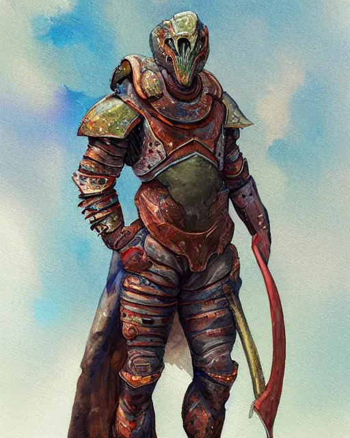 Prompt: a oil / watercolor painting full body character portrait of a humanoid dinosaur knight / mercenary in the style of moebius in the style of leonard boyarsky trending on artstation deviantart pinterest detailed photorealistic highlights and shadow hd 8 k post - processing high resolution