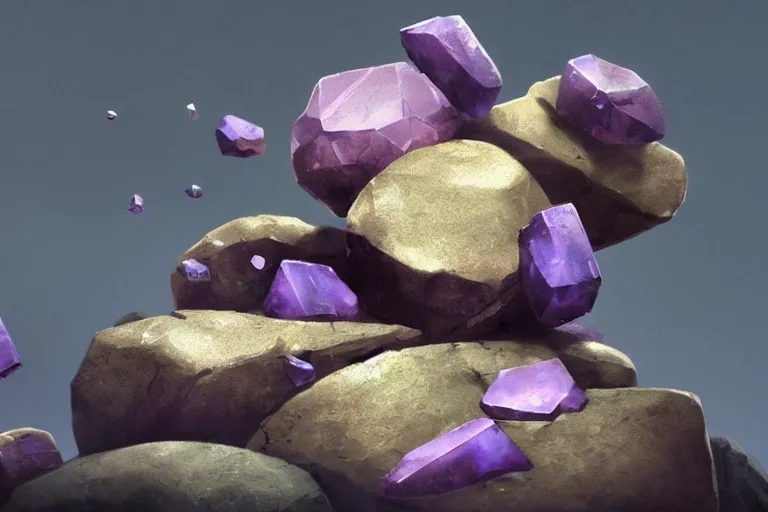 Prompt: close-up of three tiny magical purple stones, fragmented, debris floating in mid air, stones connected by magical energy, white background, concept art in style of Greg Rutkowski, painted by Frank Frazetta, trending on artstation