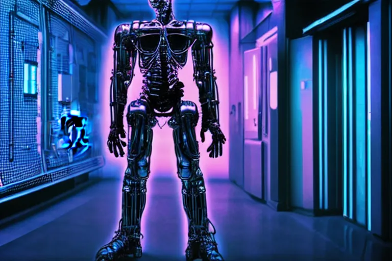 Prompt: high detailed terminator without flesh, full body shot, staying in front of data center room, computer on background, 1 6 mm, retro sci - fi picture, high detail, cold neon light, cinematic colors, sharp