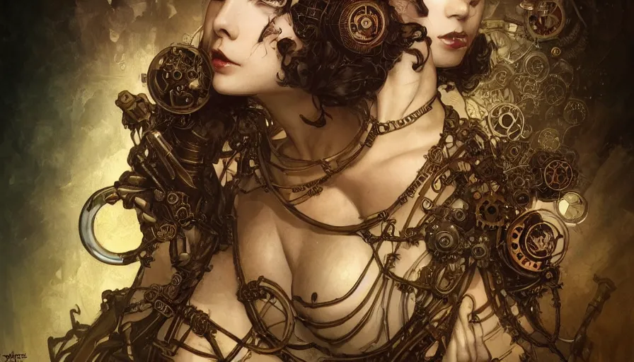 Prompt: steampunk, masterpiece, pinup, mcfarlane, fibonacci, sweat drops, insane, horror, intricate, highly detailed, digital painting, artstation, concept art, smooth, sharp focus, illustration, unreal engine 5, 8 k, art by artgerm and greg rutkowski and alphonse mucha