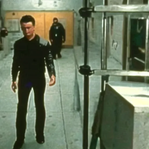 Image similar to film still of leonardo di caprio as t - 1 0 0 0 walking through bars in prison scene in terminator 2 1 9 9 1