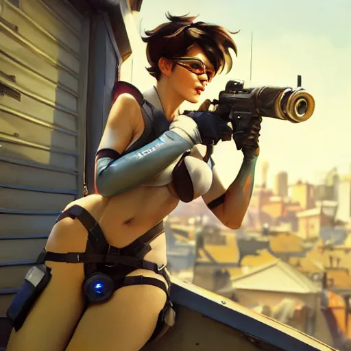 Prompt: a norman rockwell's illustration of overwatch's tracer in a 1 9 5 0's sexy pinup art, cinematic composition, award winning art, octane render, assymetrical, artwork by norman rockwell