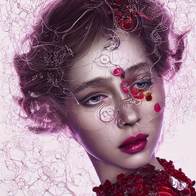 Image similar to studio portrait of absurdly beautiful, elegant, young hypercolorful woman made of rubies and red gems, ultrafine hyperrealistic detailed face illustration by kim jung gi, irakli nadar, intricate linework, sharp focus, bright colors, matte, octopath traveler, final fantasy, unreal engine highly rendered, global illumination, radiant light, intricate environment