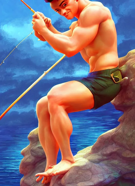 Image similar to cute fisherman tom daley, natural lighting, path traced, highly detailed, high quality, digital painting, by don bluth and ross tran and studio ghibli and alphonse mucha, artgerm