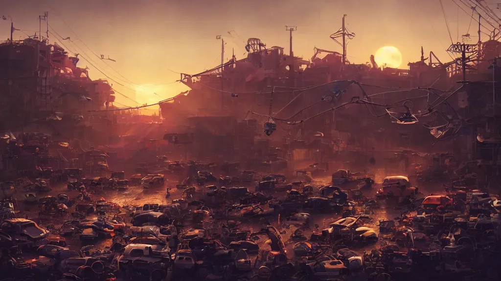 Image similar to a Photorealistic hyperrealistic render of a Robot Junkyard by PIXAR,Greg Rutkowski,WLOP,Artgerm,dramatic moody sunset lighting,long shadows,Volumetric, cinematic atmosphere, Octane Render,Artstation,8k