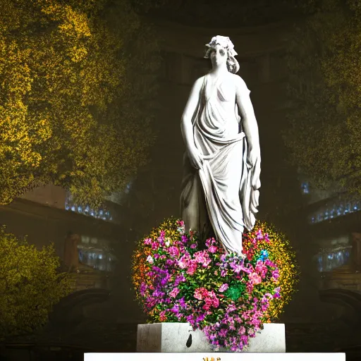 Image similar to a marble statue covered in flowers, full frame, cinematic light, 8k, unreal engine,