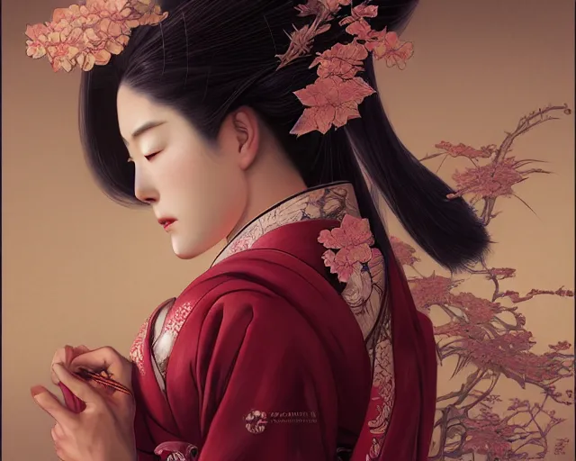 Image similar to photography of japanese geisha, deep focus, d & d, fantasy, intricate, elegant, highly detailed, digital painting, artstation, concept art, matte, sharp focus, illustration, hearthstone, art by artgerm and greg rutkowski and alphonse mucha