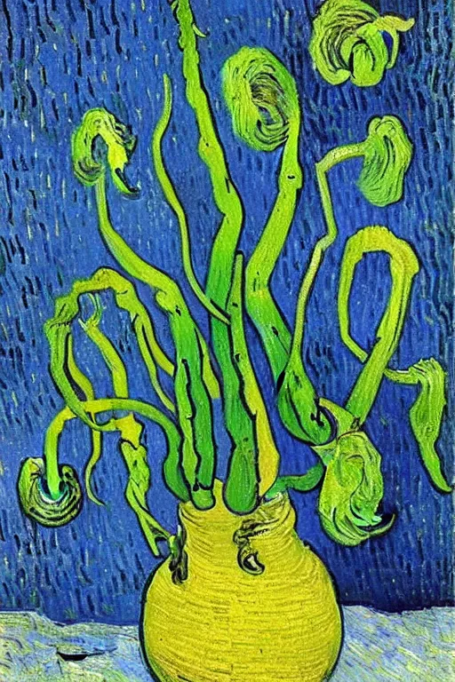 Image similar to Fiddleheads, painted by Vincent Van Gogh (1890), oil on canvas, detailed brushstrokes